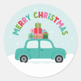 Adesivo Redondo Merry Christmas Car with Gifts in Aqua Blue