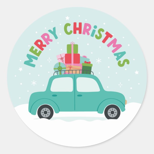Adesivo Redondo Merry Christmas Car with Gifts in Aqua Blue (Frente)