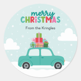 Adesivo Redondo Merry Christmas Car with Gifts in Pastel Turquoise