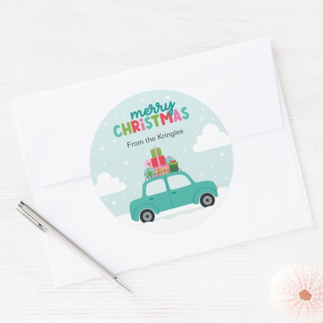 Adesivo Redondo Merry Christmas Car with Gifts in Pastel Turquoise (Envelope)
