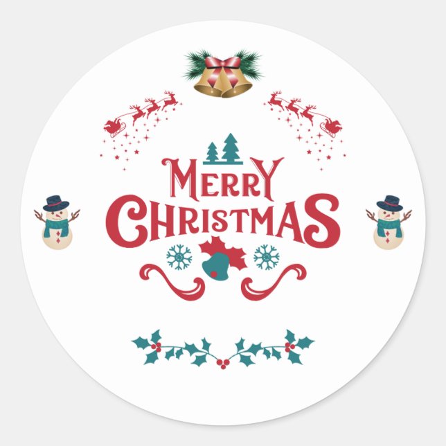 Adesivo Redondo Merry Christmas Classic Reindeer Snowman Sticker (Frente)