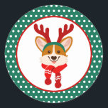 Adesivo Redondo Merry Christmas Corgi Dog Sticker<br><div class="desc">Cachorro Corgi bonito em galhadas e cachecol de inverno de Natal.</div>