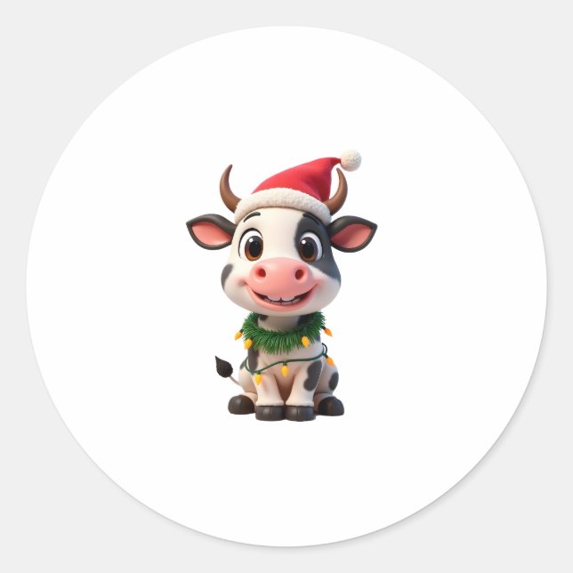 Adesivo Redondo Merry Christmas Cow Santa Christmas Lights Cow Xma (Frente)