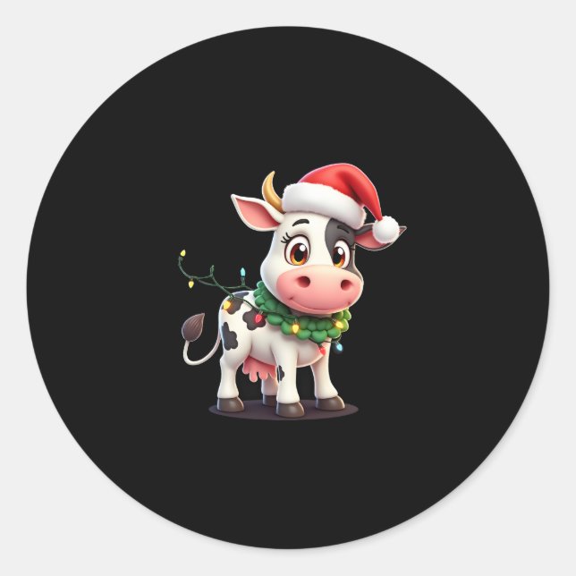 Adesivo Redondo Merry Christmas Cow Santa Christmas Lights Cow Xma (Frente)