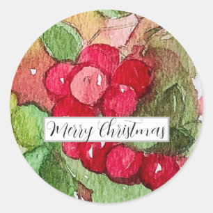 Adesivo Redondo Merry Christmas Cranberries Frutas Aquarela