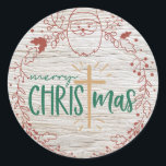 Adesivo Redondo Merry Christmas Cross Round Sticker<br><div class="desc">Feliz palito de Natal Este adesivo redondo rústico combina Papais noeis e uma cruz, com textura de madeira e coroa festiva. Perfeito por adicionar um toque único e inspirado na fé aos seus presentes de Natal, cartas e decoração de férias. Ideal para aqueles que buscam uma mistura de tradição e...</div>