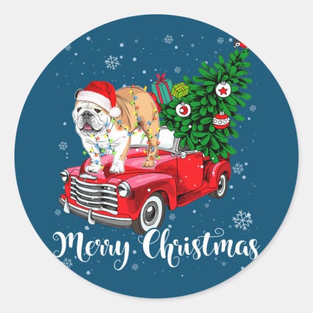 Adesivo Redondo Merry Christmas English Bulldog Santa Red Truck Xm (Frente)