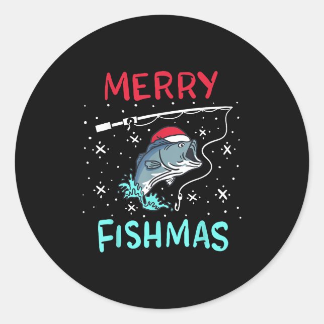 Adesivo Redondo Merry Christmas Fishmas Funny Fishing Fish Gift Pr (Frente)