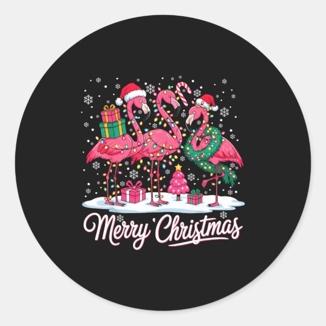 Adesivo Redondo Merry Christmas Flamingo Lights Santa Hat Snow Xma (Frente)