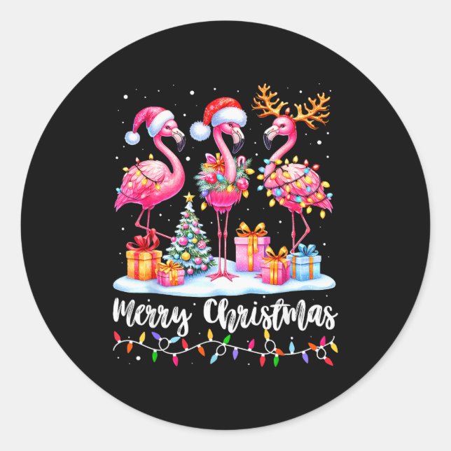 Adesivo Redondo Merry Christmas Flamingo Santa Hat Xmas Pajamas Ho (Frente)