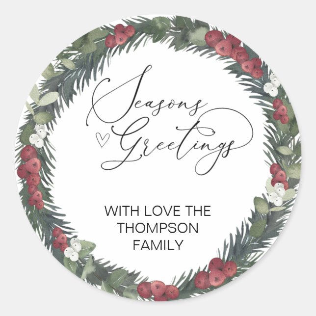 Adesivo Redondo Merry Christmas Gift Label Greenery Wreath Sticker (Frente)