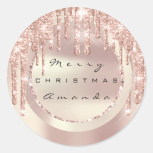 Adesivo Redondo Merry Christmas Holiday Name Copper Rosa Glitter