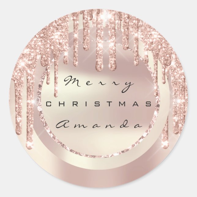 Adesivo Redondo Merry Christmas Holiday Name Copper Rosa Glitter (Frente)
