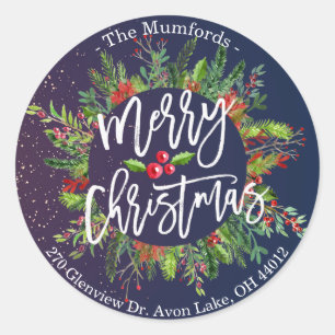 Adesivo Redondo Merry Christmas Holly Wreath Return Endereço Labe