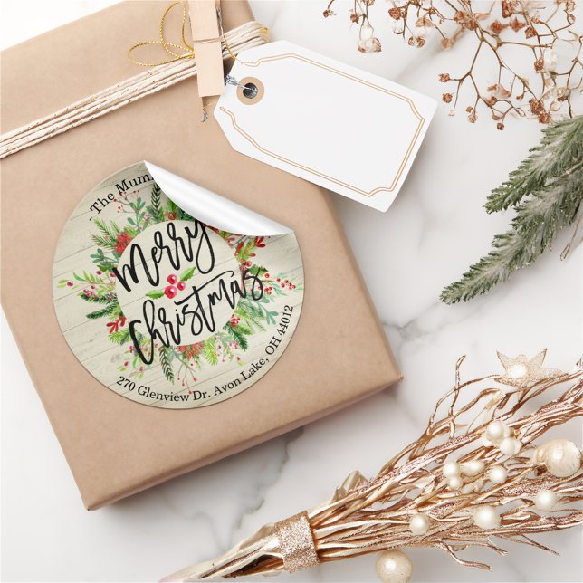 Adesivo Redondo Merry Christmas Holly Wreath Return Endereço Label (Criador carregado)