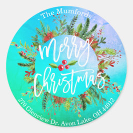 Adesivo Redondo Merry Christmas Holly Wreath Return Endereço Label