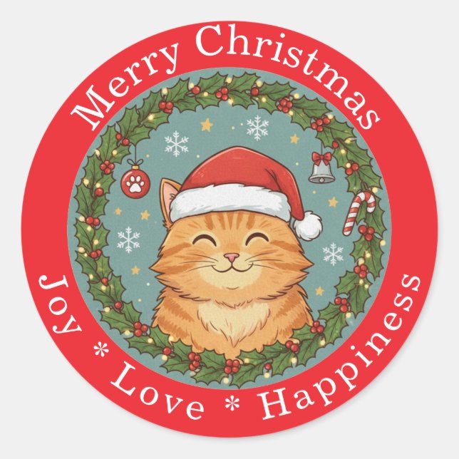 Adesivo Redondo Merry Christmas Joy Love Happiness Cute Cat  (Frente)
