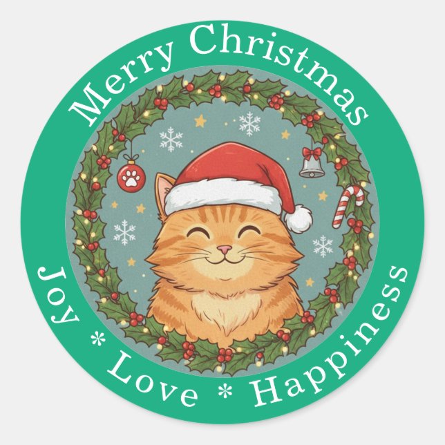 Adesivo Redondo Merry Christmas Joy Love Happiness Cute Cat  (Frente)