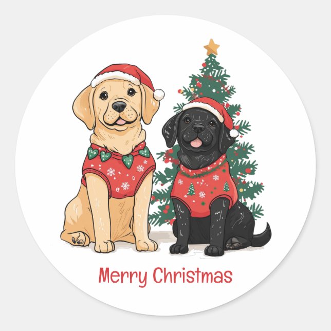 Adesivo Redondo Merry Christmas Labrador Retriever Dogs (Frente)