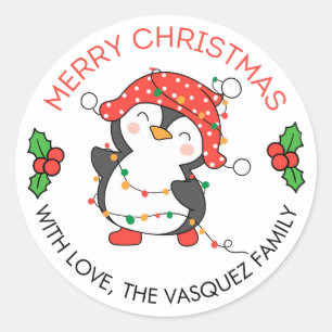 Adesivo Redondo Merry Christmas Lights Penguin Stickers Labs