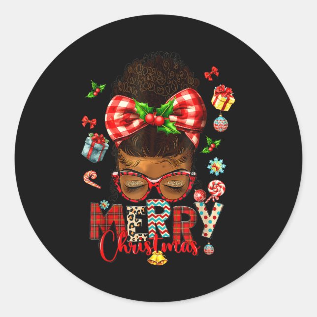 Adesivo Redondo Merry Christmas Messy Bun Black Women African Amer (Frente)