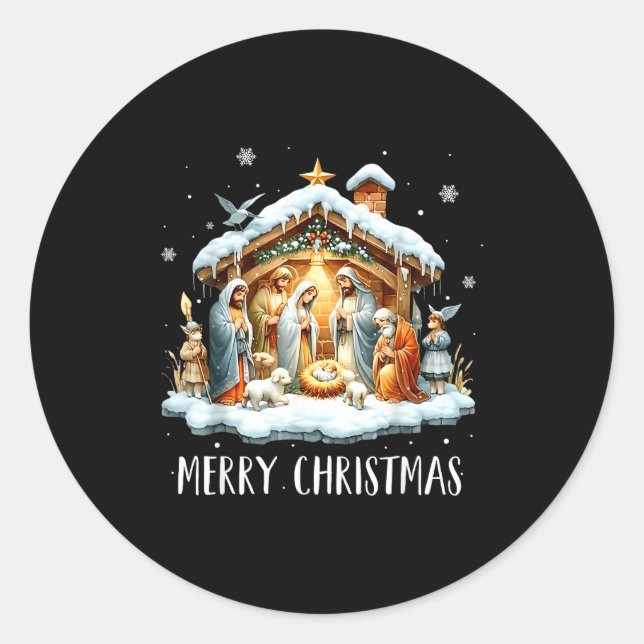 Adesivo Redondo Merry Christmas Nativity Scene North Star Baby Jes (Frente)
