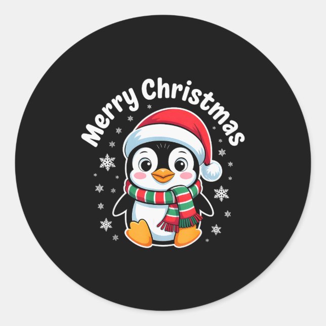 Adesivo Redondo Merry Christmas Penguin Cute Santa Hat Winter Holi (Frente)