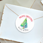 Adesivo Redondo Merry Christmas Personalised Watercolor<br><div class="desc">Bonito aquarela árvore de Natal personalizada com adesivos de Natal. Desejo-lhe um Feliz Natal/</div>