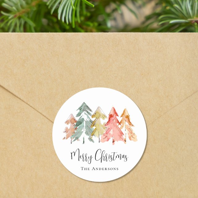 Adesivo Redondo Merry Christmas Pine Tree Watercolor (Criador carregado)