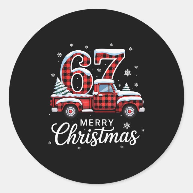 Adesivo Redondo Merry Christmas Red Plaid Truck Buffalo Family 67  (Frente)