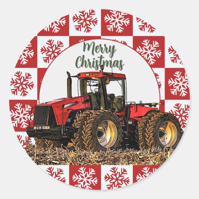 Adesivo Redondo Merry Christmas Red Tractor Farm Holiday Snowflake (Frente)