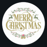 Adesivo Redondo Merry Christmas Reindeer Holly Berries<br><div class="desc">Apresentando uma elegante design de Feliz Natal. Projetado por Thisnotme©</div>