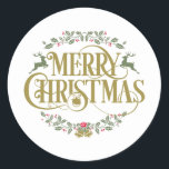Adesivo Redondo Merry Christmas Reindeer Holly Berries<br><div class="desc">Apresentando uma elegante design de Feliz Natal. Projetado por Thisnotme©</div>