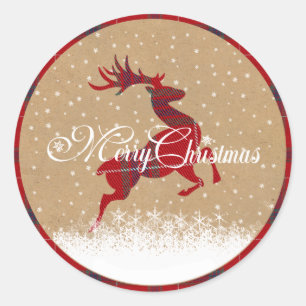 Adesivo Redondo Merry Christmas Reindeer Tartan Red/Kraft ID590