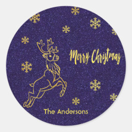 Adesivo Redondo Merry Christmas rendeer snow blue gliter gold