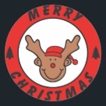 Adesivo Redondo Merry Christmas Rudolf rena com baum<br><div class="desc">Merry Christmas com a rena. Merry Christmas with Reindeer the.</div>