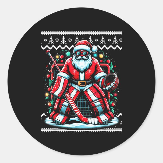 Adesivo Redondo Merry Christmas Santa Hockey Goalie Ugly Christmas (Frente)
