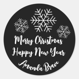 Adesivo Redondo Merry Christmas Script Name Snowflakes White Blac