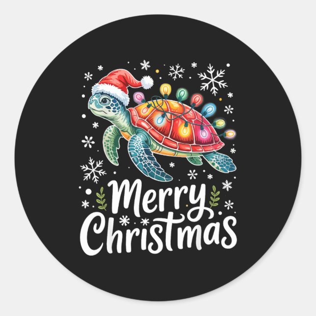 Adesivo Redondo Merry Christmas Sea Turtle Christmas Lights Santa  (Frente)