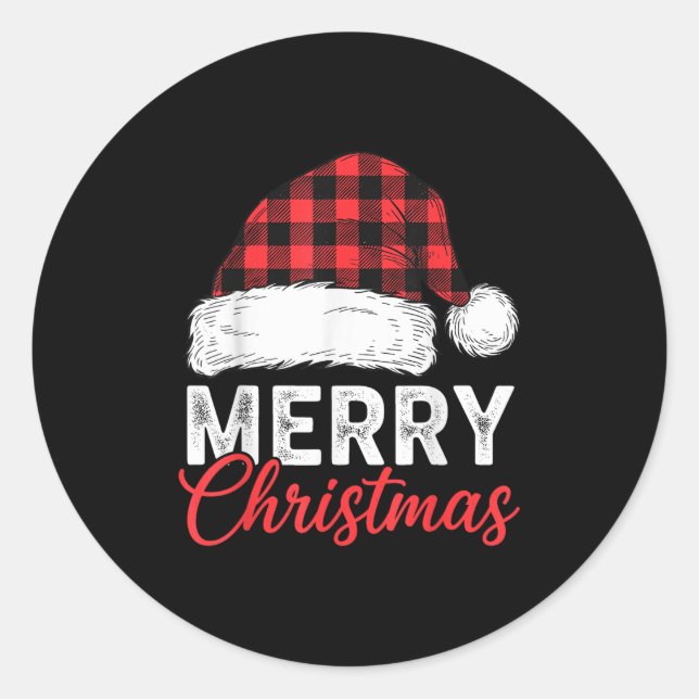 Adesivo Redondo Merry Christmas Shirt Santa Hat Buffalo Plaid Men  (Frente)
