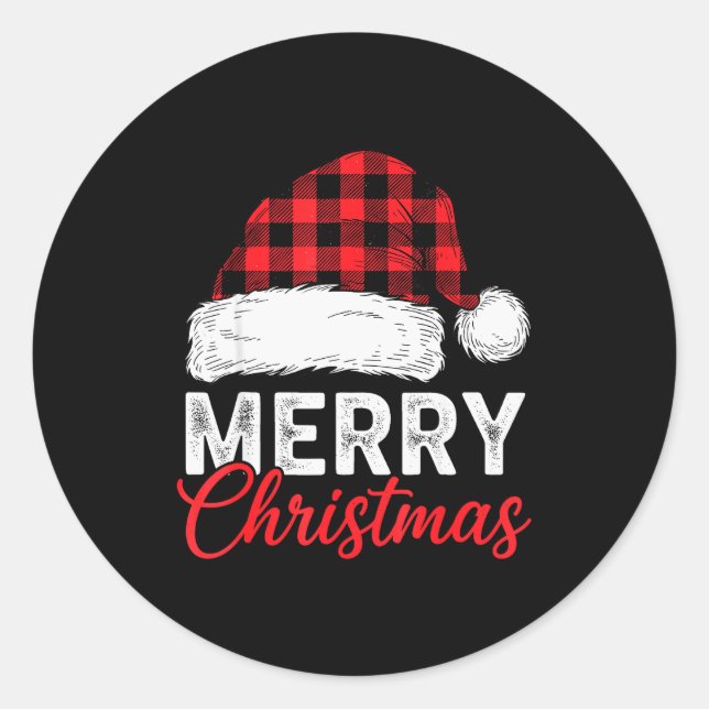 Adesivo Redondo Merry Christmas Shirt Santa Hat Buffalo Plaid Men  (Frente)