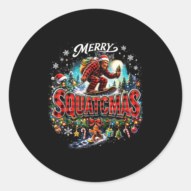 Adesivo Redondo Merry Christmas Squatchmas Funny Bigfoot Snowboard (Frente)