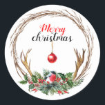 Adesivo Redondo Merry Christmas Sticker<br><div class="desc">Feliz Natal Wreath</div>