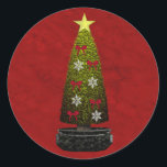 Adesivo Redondo Merry Christmas Sticker<br><div class="desc">Árvore de Natal com arcos vermelhos,  flocos de neve e uma estrela amarela.</div>