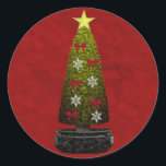 Adesivo Redondo Merry Christmas Sticker<br><div class="desc">Árvore de Natal com arcos vermelhos,  flocos de neve e uma estrela amarela.</div>
