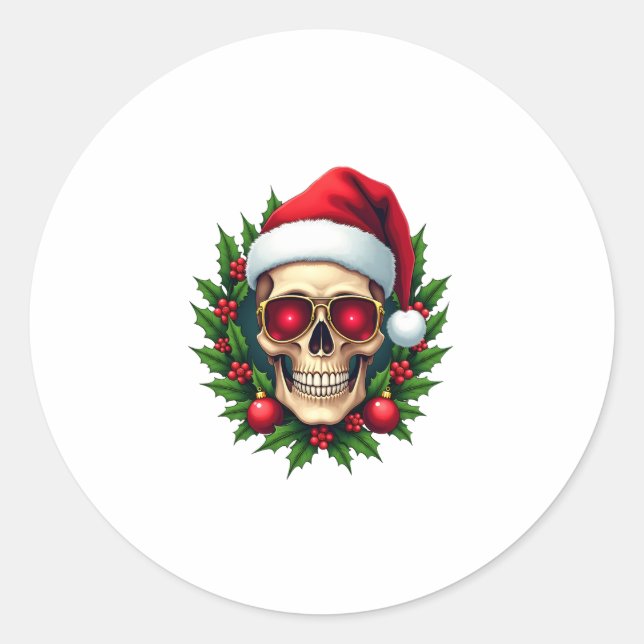 Adesivo Redondo Merry Christmas Sugar Skull Santa Hat Family Xmas  (Frente)