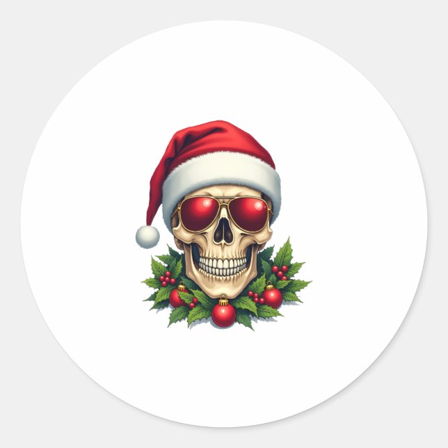 Adesivo Redondo Merry Christmas Sugar Skull Santa Hat Family Xmas  (Frente)