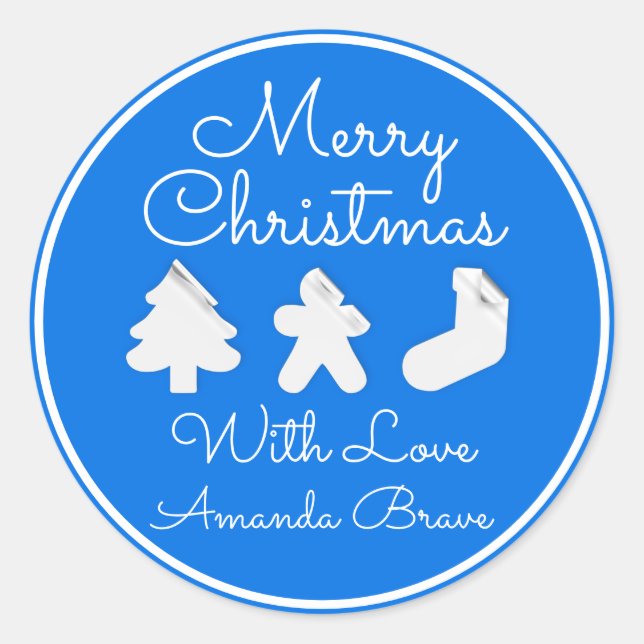 Adesivo Redondo Merry Christmas Tree Name Blue Modern Famed (Frente)