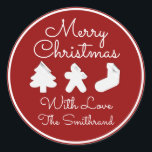 Adesivo Redondo Merry Christmas Tree Name Burgundy White Famoso<br><div class="desc">design florenceK</div>