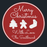 Adesivo Redondo Merry Christmas Tree Name Burgundy White Famoso<br><div class="desc">design florenceK</div>